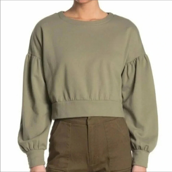 NWT Abound Olive Green Puff Long Sleeve Pullover Cropped Sweater Size Small - Picture 1 of 5